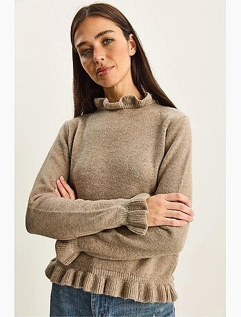 Maglione in maglia con bottoni e mezzo collo alto con volant lucci