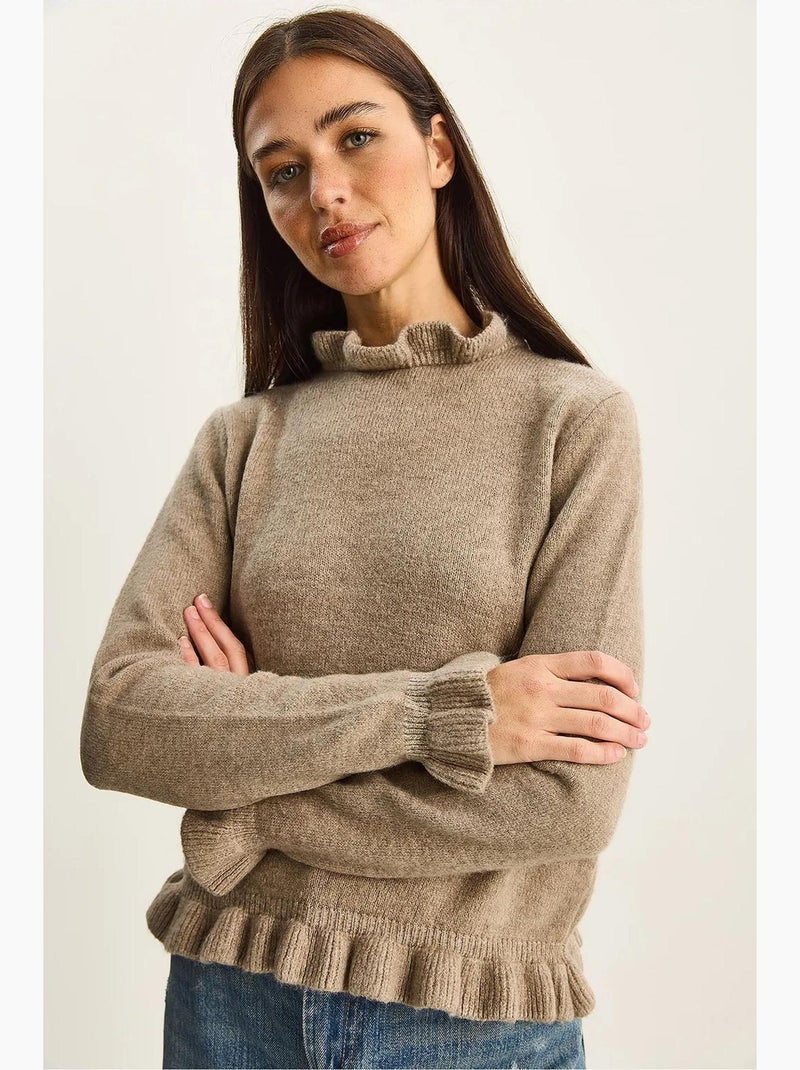 Maglione in maglia con bottoni e mezzo collo alto con volant lucci Beige argilla - Kiabi
