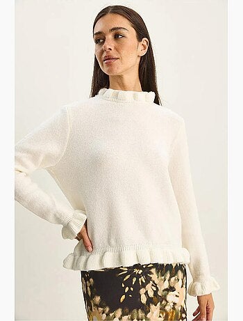 Maglione in maglia con bottoni e mezzo collo alto con volant lucci