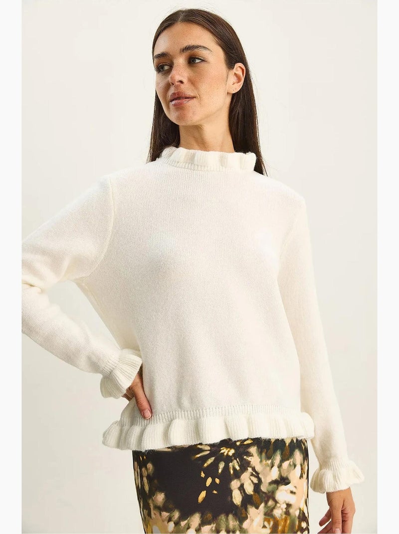 Maglione in maglia con bottoni e mezzo collo alto con volant lucci Bianco sporco - Kiabi