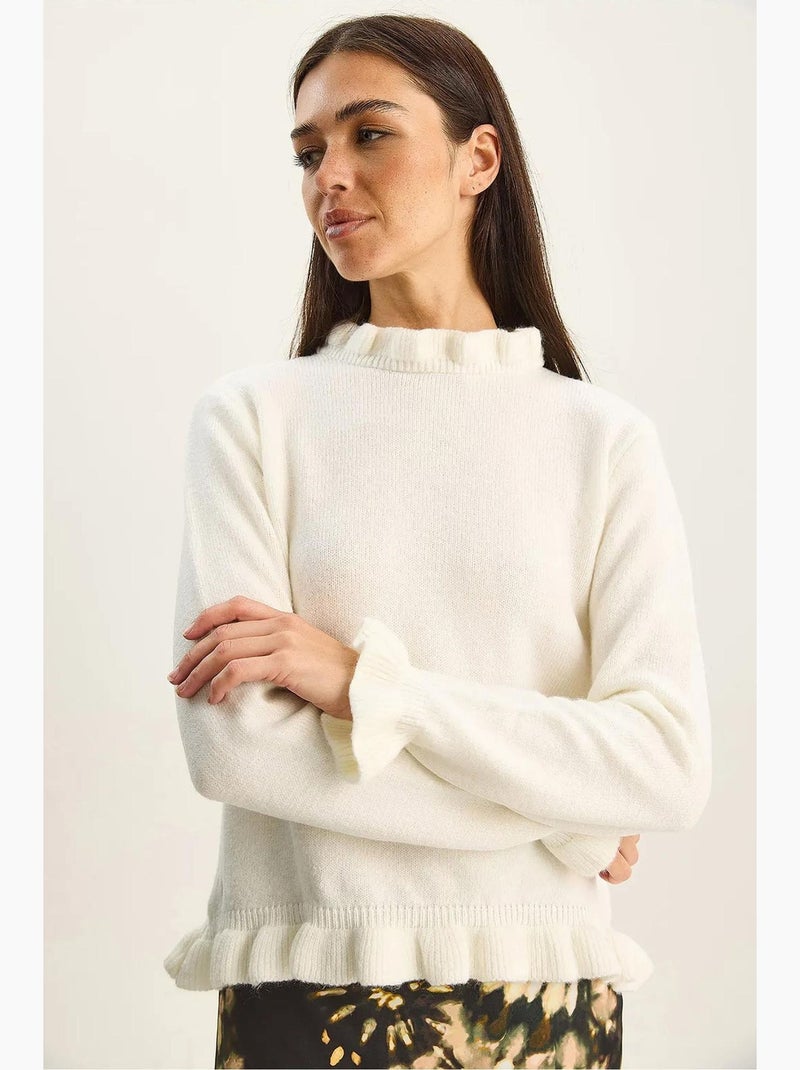 Maglione in maglia con bottoni e mezzo collo alto con volant lucci Bianco sporco - Kiabi