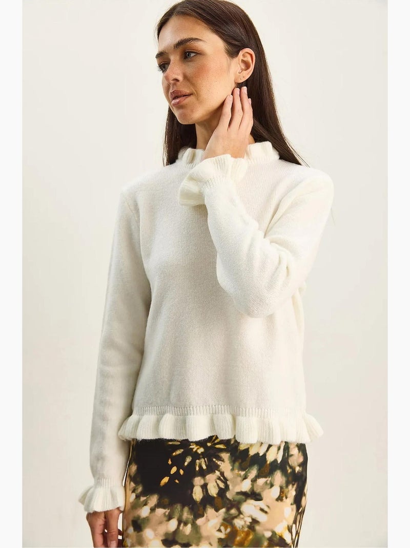 Maglione in maglia con bottoni e mezzo collo alto con volant lucci Bianco sporco - Kiabi
