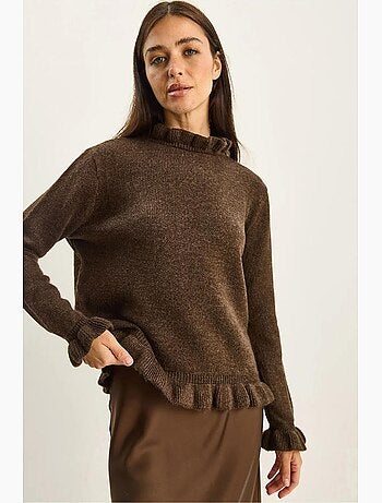Maglione in maglia con bottoni e mezzo collo alto con volant lucci