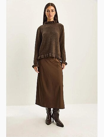 Maglione in maglia con bottoni e mezzo collo alto con volant lucci