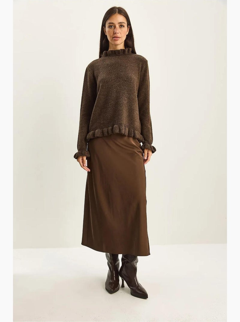 Maglione in maglia con bottoni e mezzo collo alto con volant lucci Marrone cioccolato - Kiabi