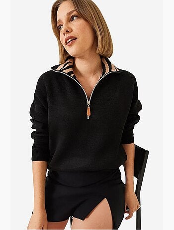 Maglione in maglia con cerniera e colletto leopardato lucci