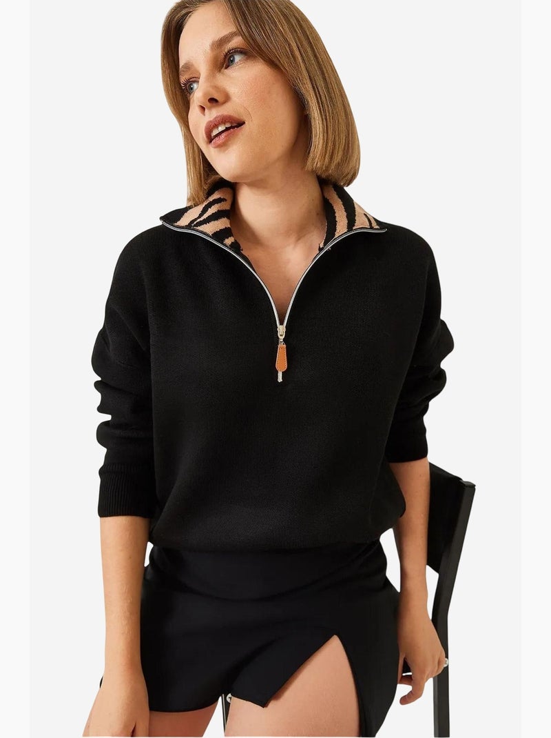 Maglione in maglia con cerniera e colletto leopardato lucci Nero - Kiabi