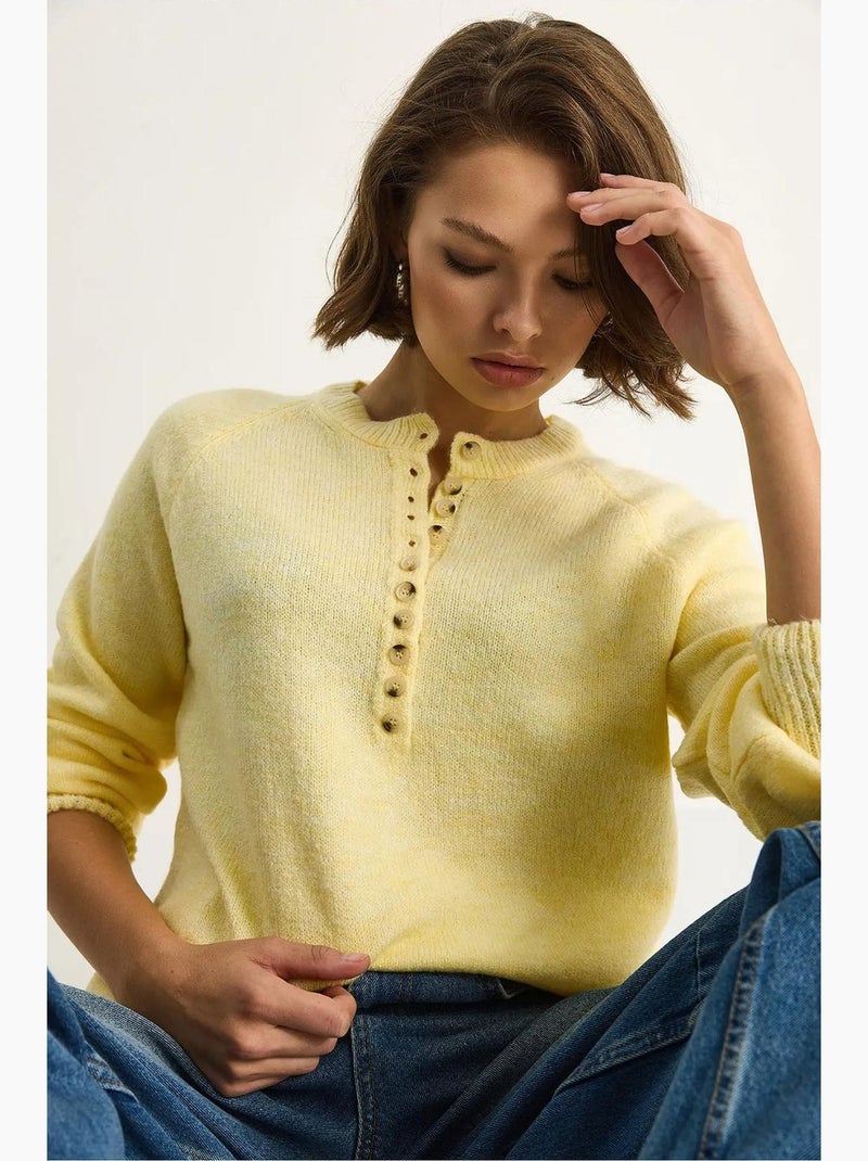 Maglione in maglia con colletto a bottoni lucci Giallo limone - Kiabi