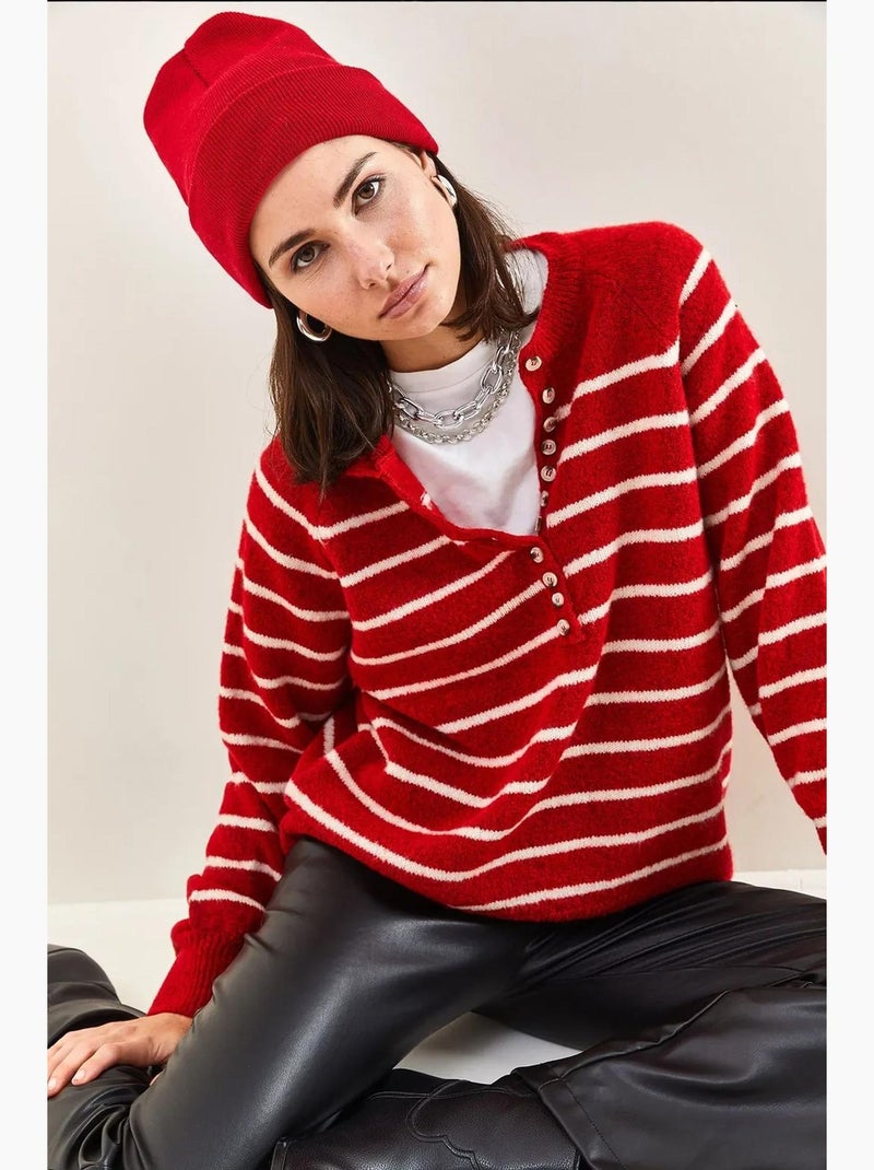 Maglione in maglia con colletto a bottoni lucci Rosso cashmere - Kiabi