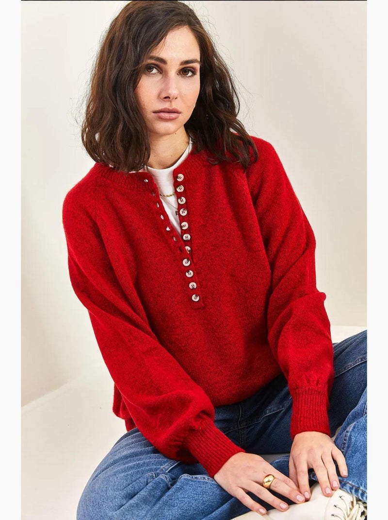 Maglione in maglia con colletto a bottoni lucci Rosso - Kiabi