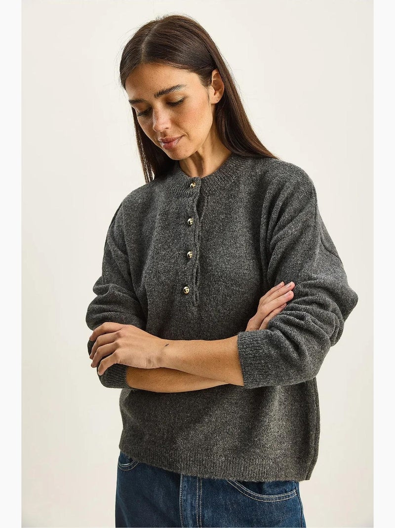 Maglione in maglia con colletto con bottoni lucci Grigio nero - Kiabi