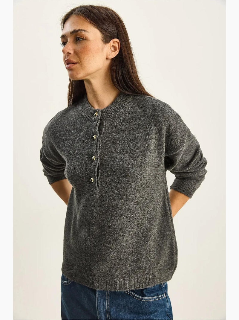 Maglione in maglia con colletto con bottoni lucci Grigio nero - Kiabi