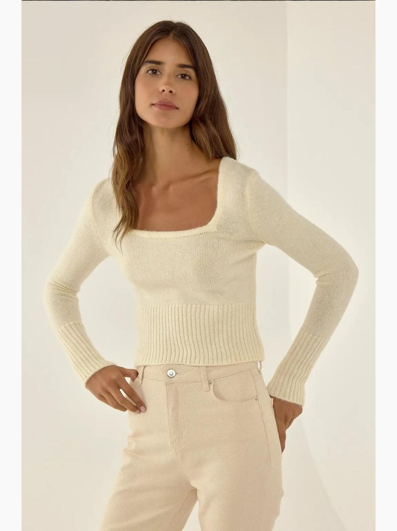 Maglione in maglia con colletto quadrato e dettaglio a coste hiccup Beige naturale - Kiabi