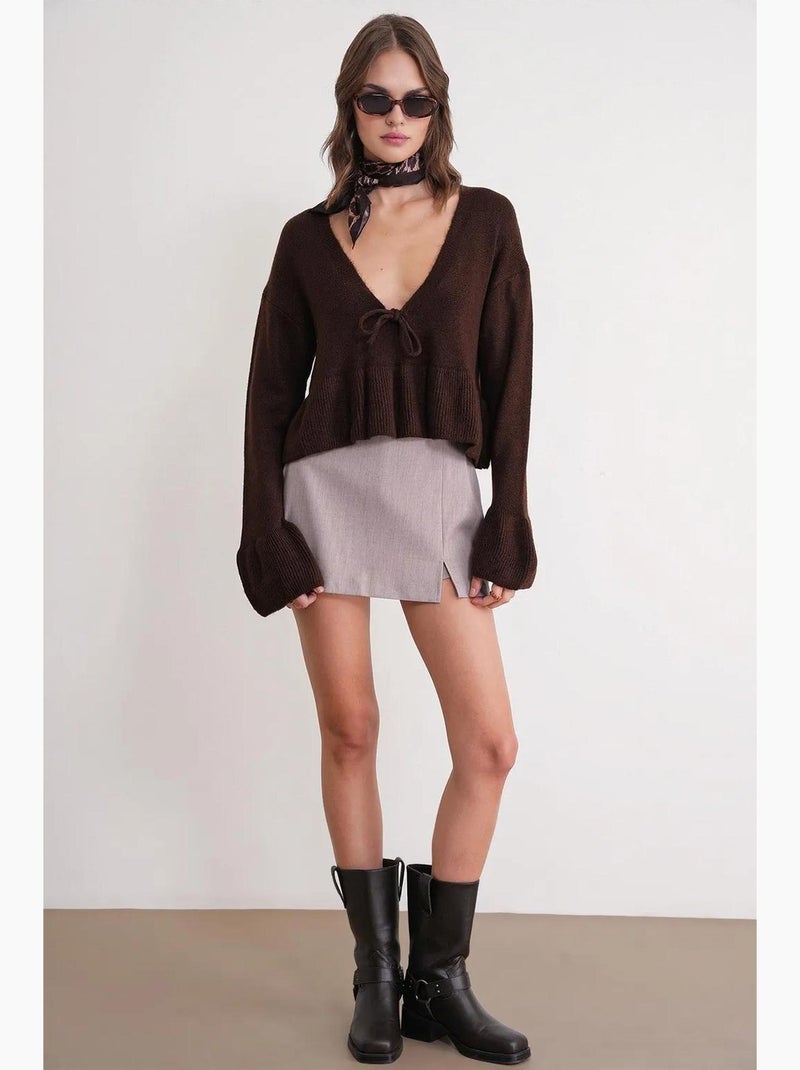 Maglione in maglia con dettaglio a fiocco, ruches e scollo a v mixray Marrone scuro - Kiabi