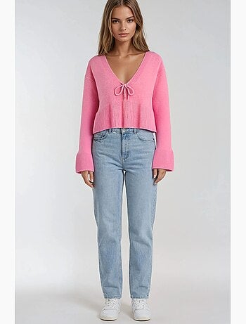Maglione in maglia con dettaglio a fiocco, ruches e scollo a v mixray