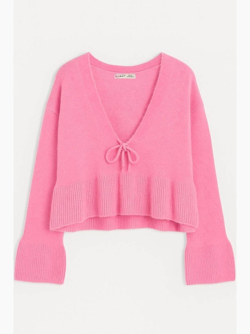 Maglione in maglia con dettaglio a fiocco, ruches e scollo a v mixray Rosa pallido - Kiabi
