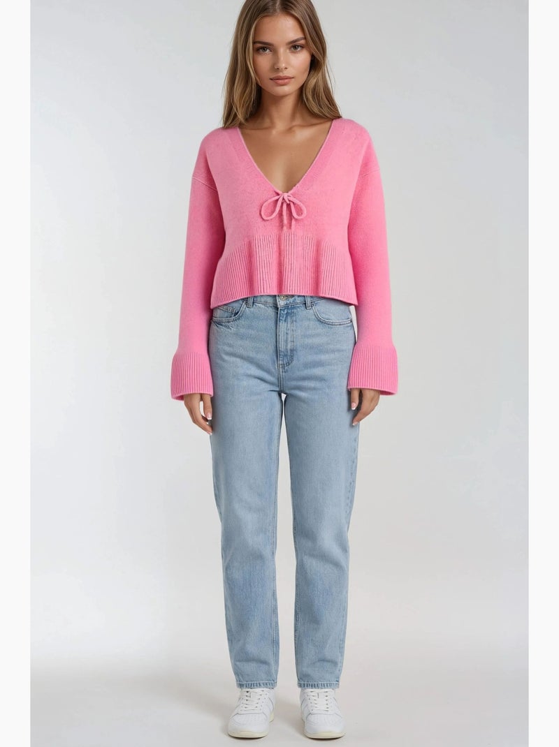 Maglione in maglia con dettaglio a fiocco, ruches e scollo a v mixray Rosa pallido - Kiabi