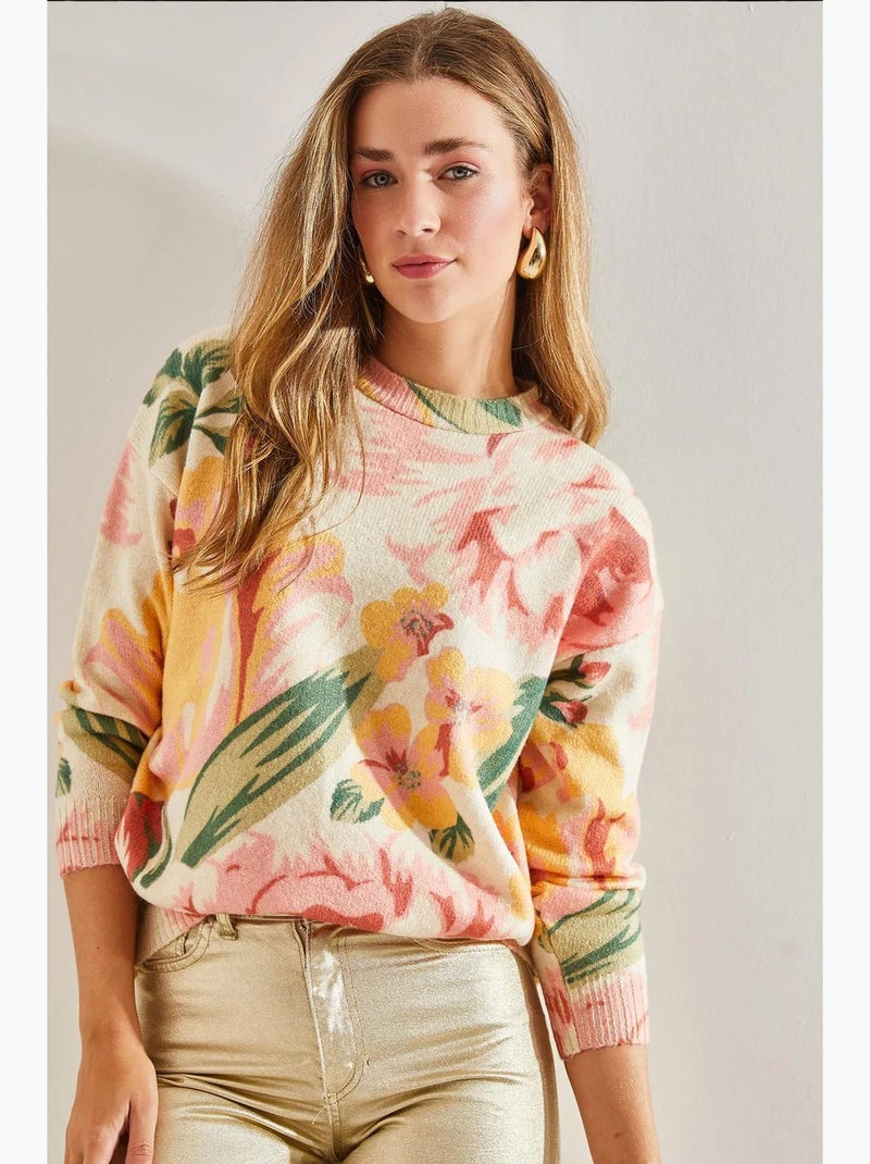 Maglione in maglia con motivo e girocollo lucci Crema - Kiabi