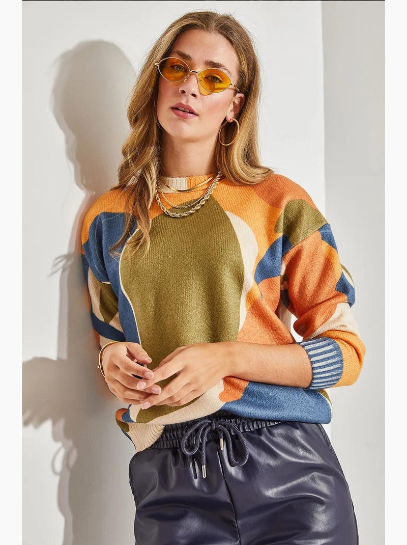 Maglione in maglia con motivo e girocollo lucci Verde oliva - Kiabi