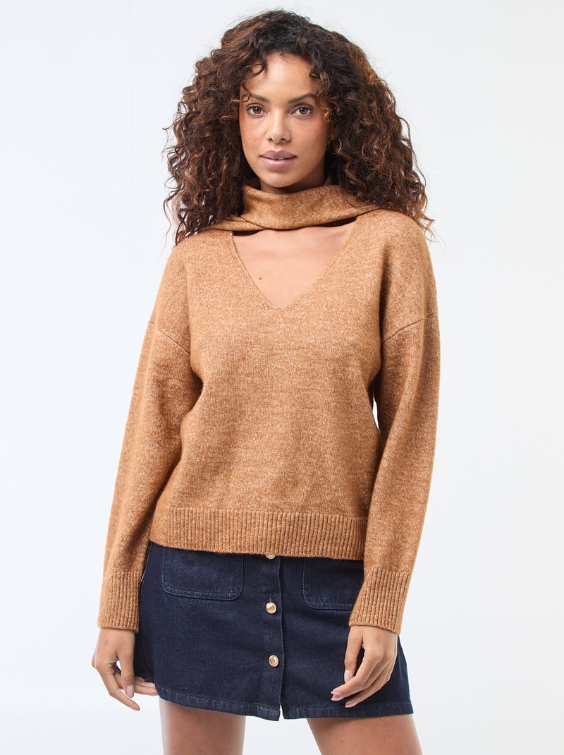 Maglione in maglia con sciarpa a punto grosso Marrone - Kiabi