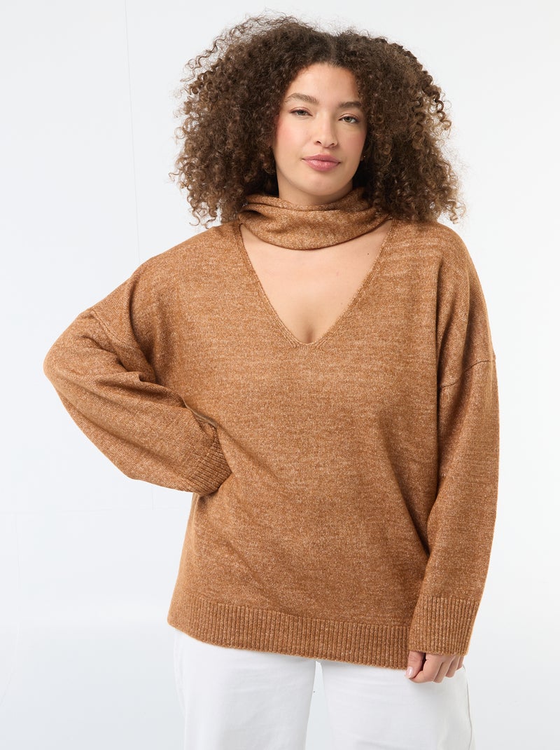 Maglione in maglia con sciarpa integrata Marrone - Kiabi
