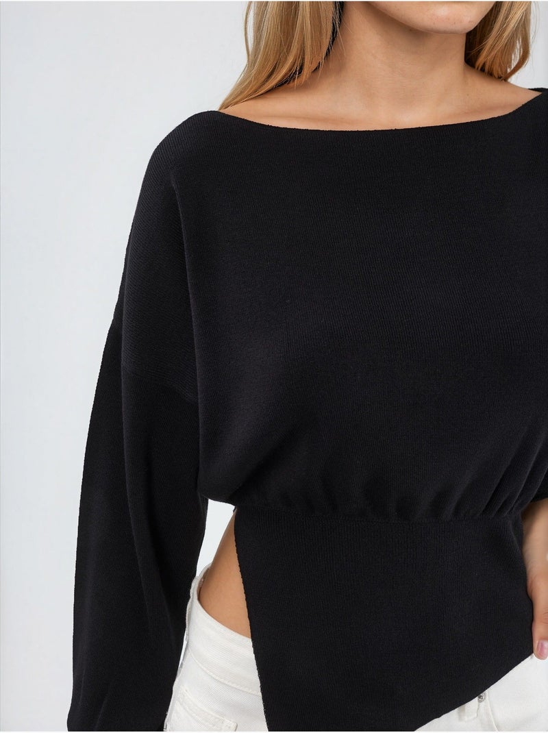 Maglione in maglia con scollo a barca effetto mercerizzato con dettaglio a spacco hiccup Nero - Kiabi