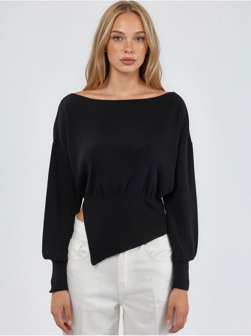 Maglione in maglia con scollo a barca effetto mercerizzato con dettaglio a spacco hiccup Nero - Kiabi