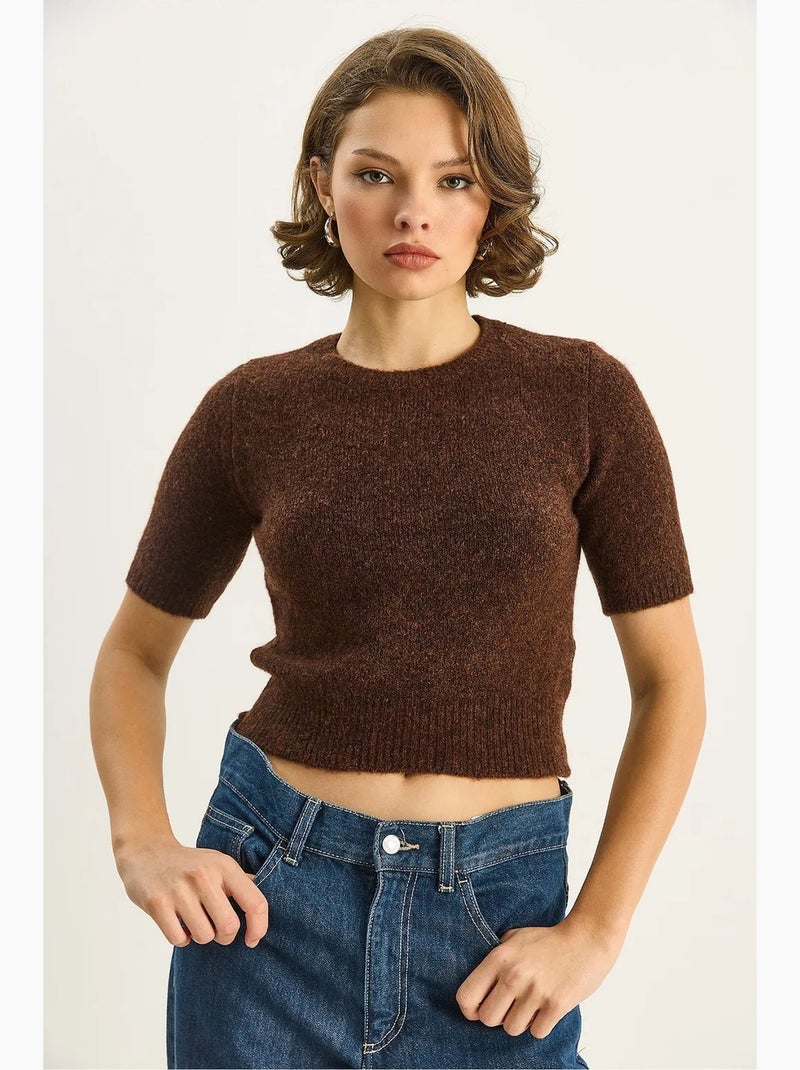 Maglione in maglia cropped a girocollo con maniche corte lucci Marrone scuro - Kiabi