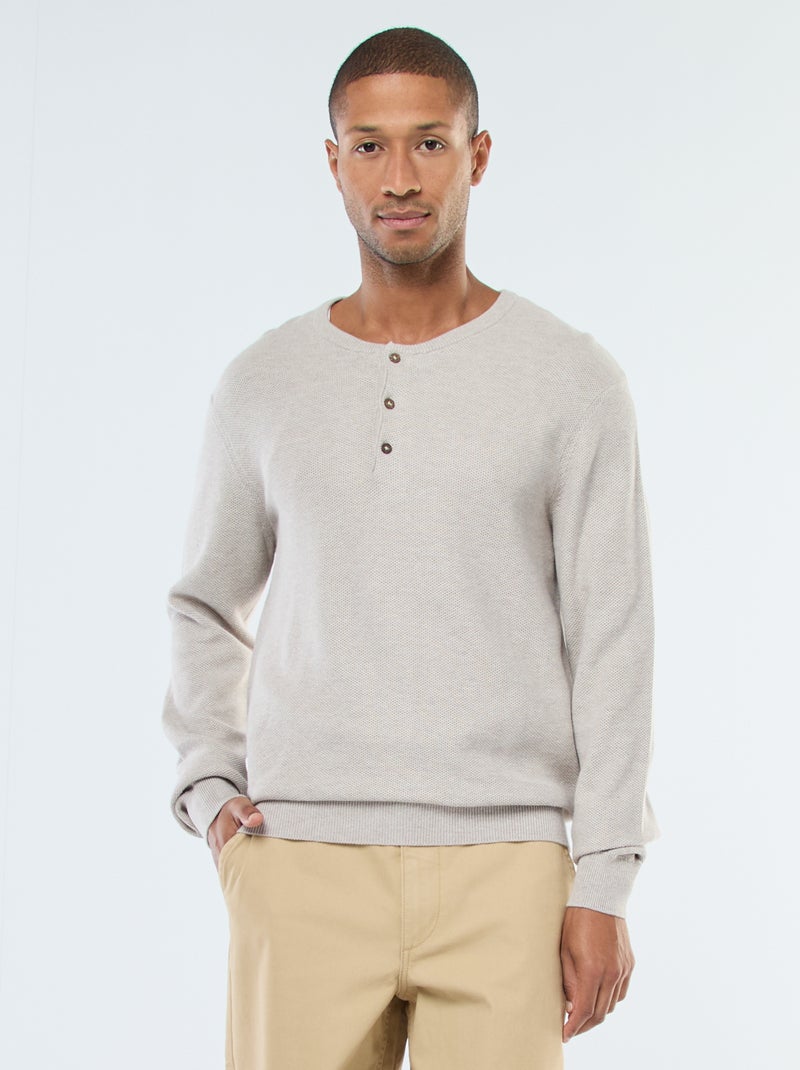 Maglione in maglia fantasia con collo rotondo abbottonato Beige - Kiabi