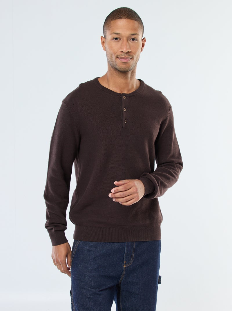 Maglione in maglia fantasia con collo rotondo abbottonato Marrone - Kiabi