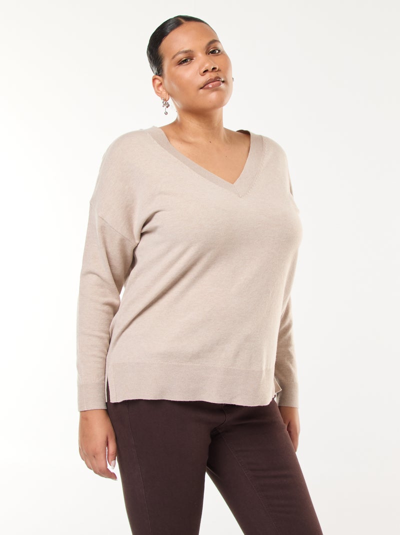 Maglione in maglia fine con scollo a V Beige - Kiabi