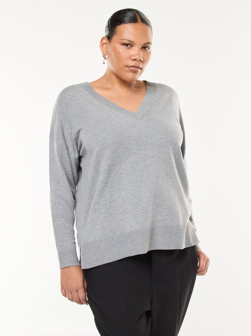 Maglione in maglia fine con scollo a V Grigio - Kiabi