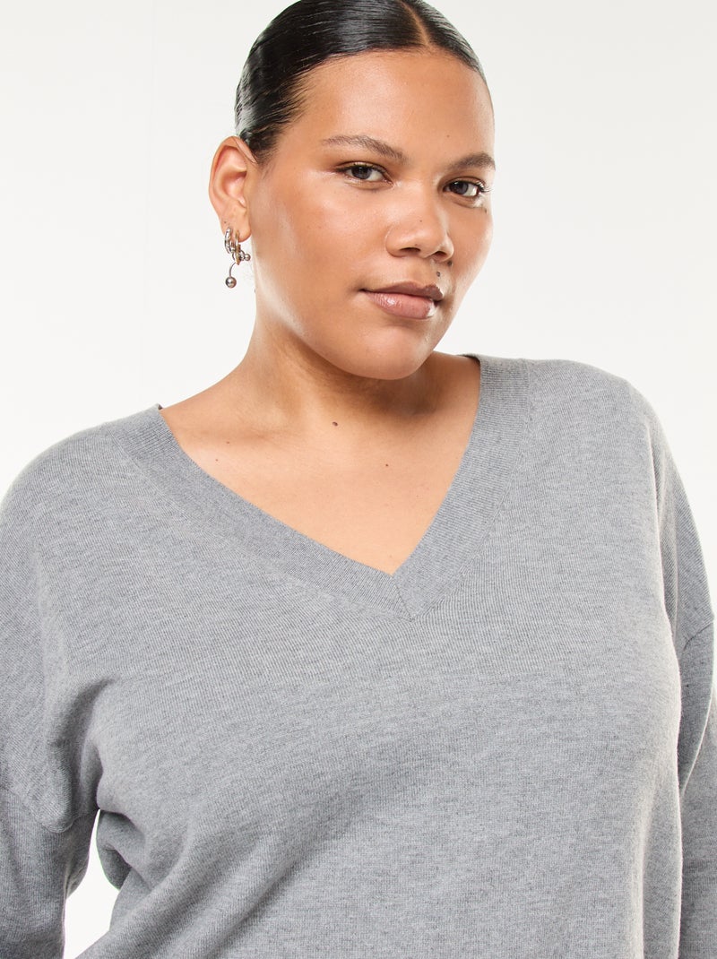 Maglione in maglia fine con scollo a V Grigio - Kiabi