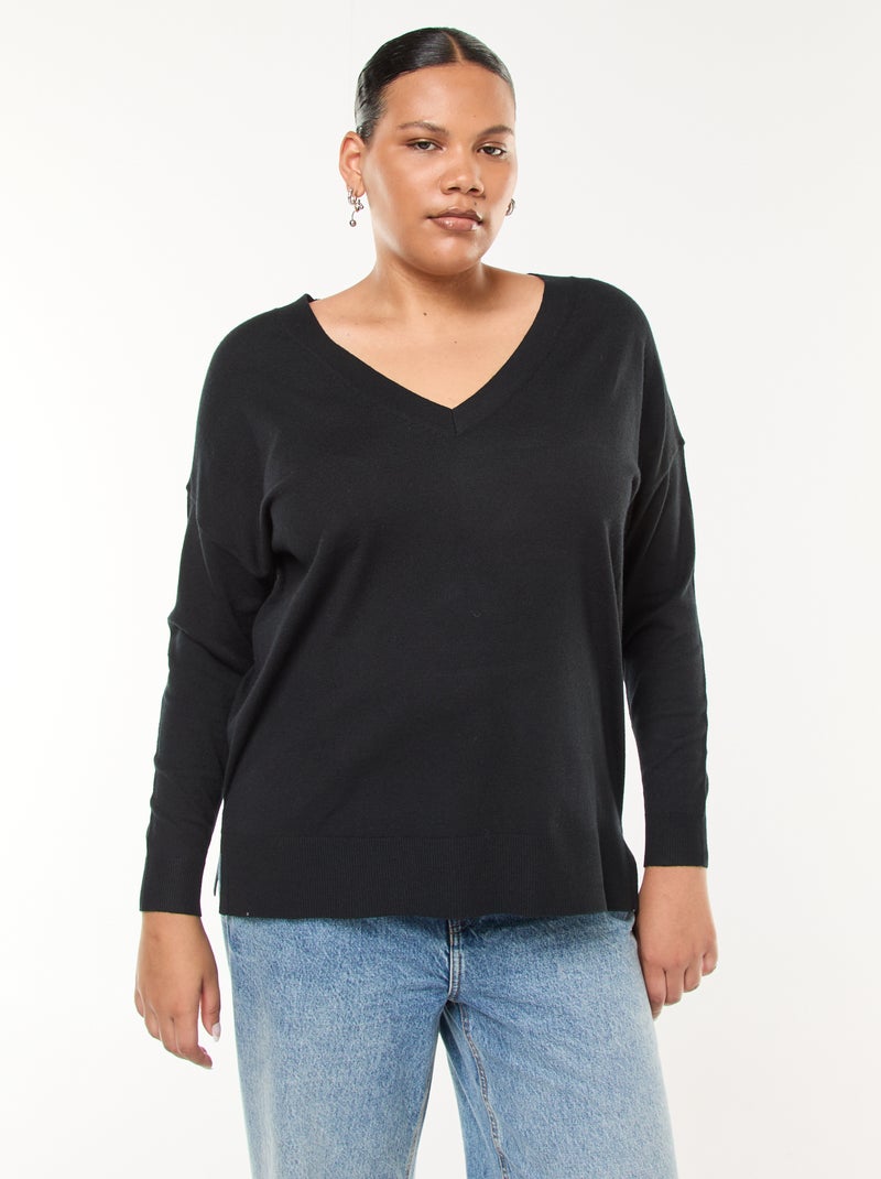 Maglione in maglia fine con scollo a V Nero - Kiabi