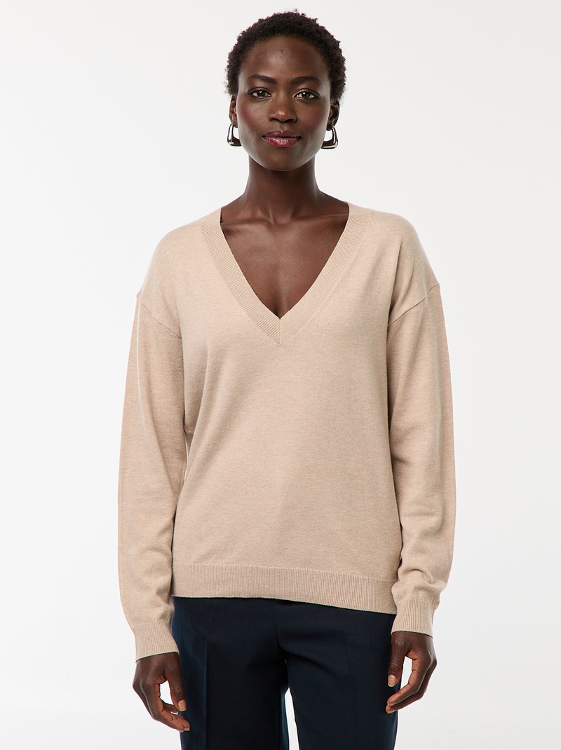 Maglione in maglia fine scollo a V Beige - Kiabi