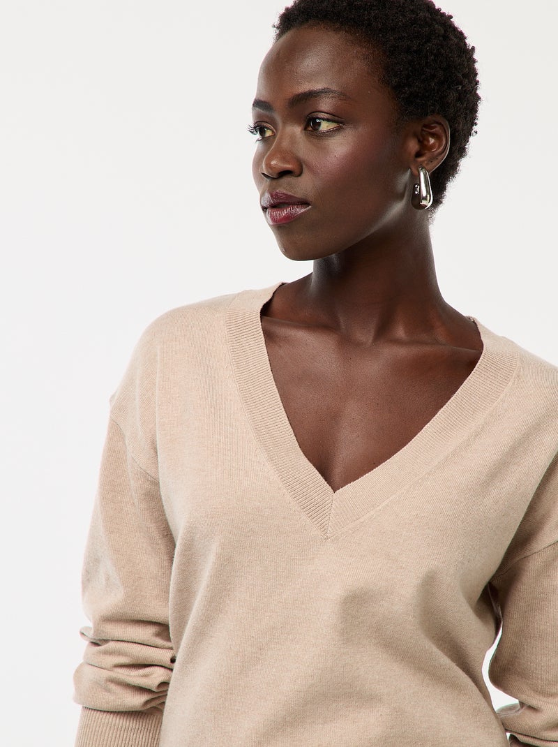 Maglione in maglia fine scollo a V Beige - Kiabi