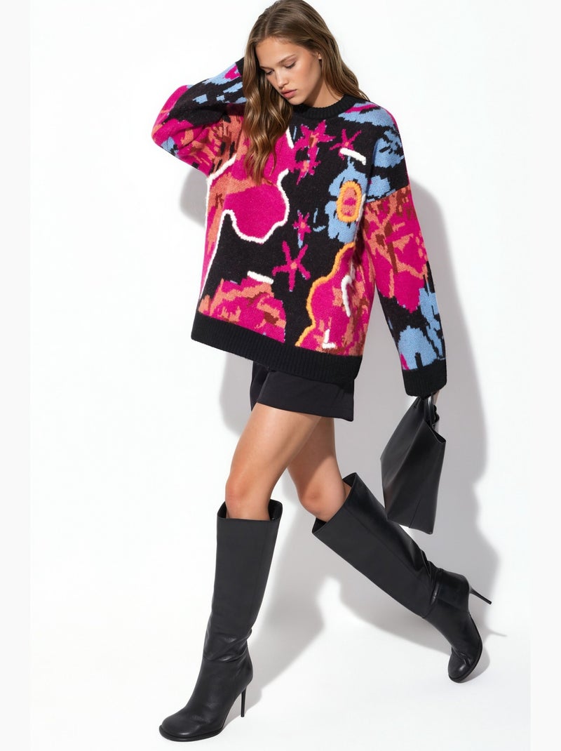Maglione in maglia jacquard oversize hiccup Nero Rosa - Kiabi