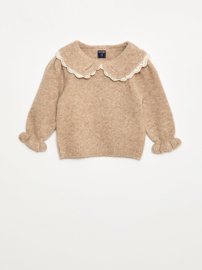 Maglione in maglia soffice con colletto ricamato Beige - Kiabi