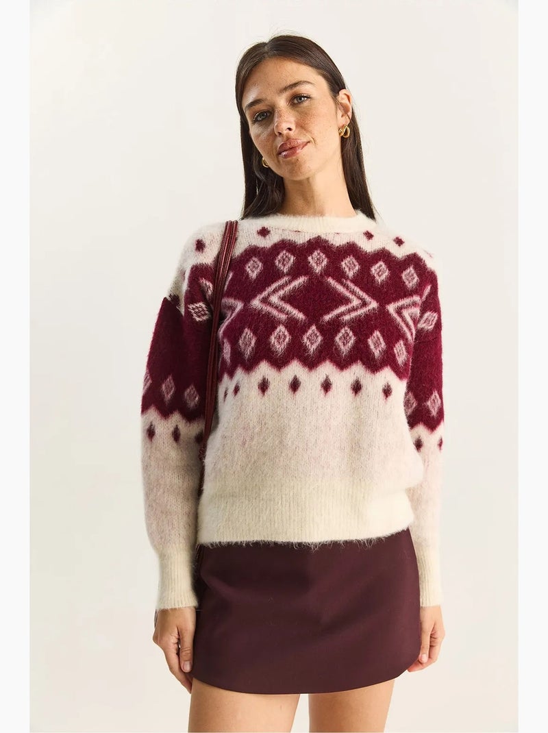 Maglione in maglia spessa con motivo etnico e girocollo lucci Crema - Kiabi