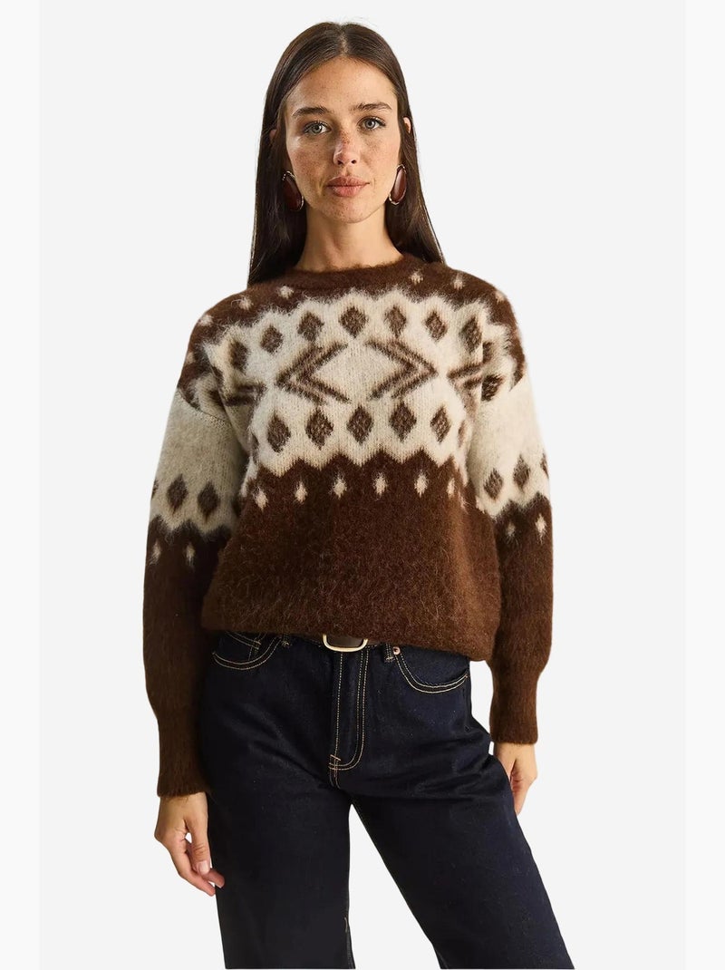 Maglione in maglia spessa con motivo etnico e girocollo lucci Marrone - Kiabi
