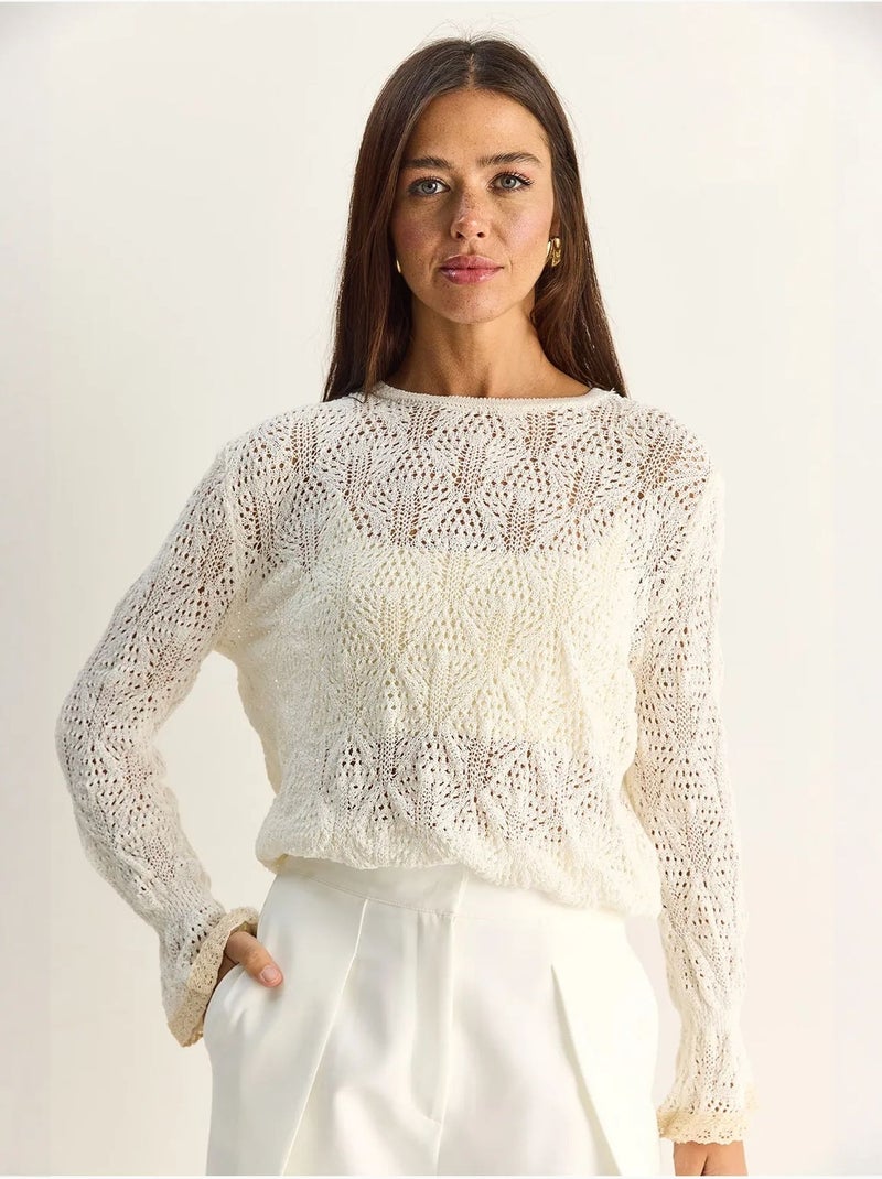 Maglione in maglia testurizzata con girocollo e volant lucci Avorio - Kiabi