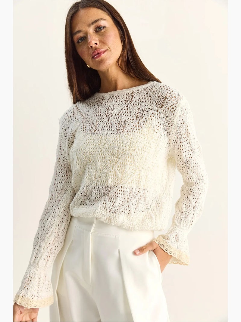 Maglione in maglia testurizzata con girocollo e volant lucci Avorio - Kiabi