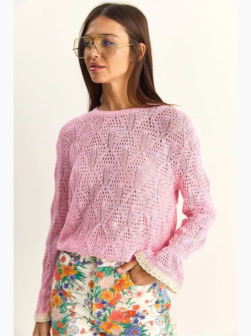 Maglione in maglia testurizzata con girocollo e volant lucci Rosa chiaro - Kiabi