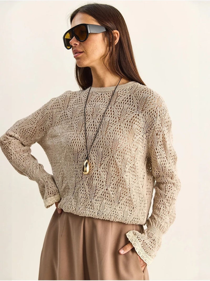 Maglione in maglia testurizzata con girocollo e volant lucci Sabbia - Kiabi