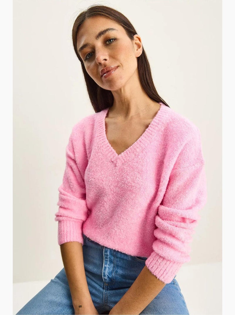 Maglione in maglia testurizzata con scollo a v lucci Rosa fluo/Solinotes - Kiabi