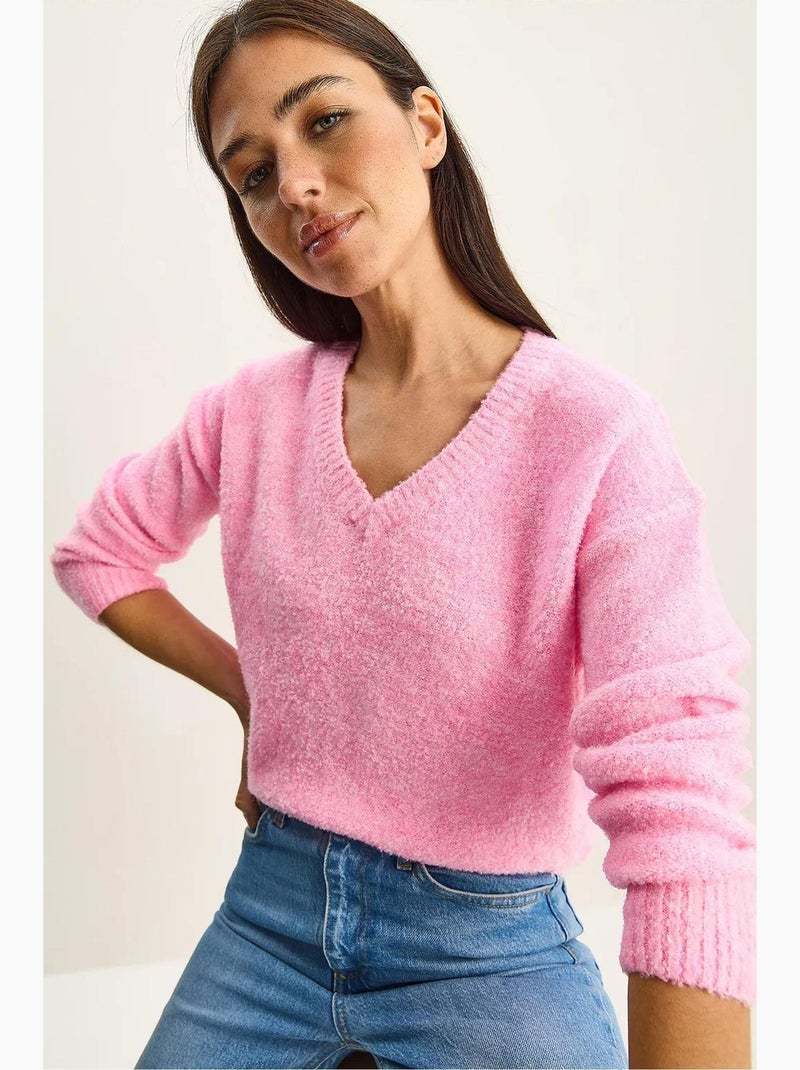 Maglione in maglia testurizzata con scollo a v lucci Rosa fluo/Solinotes - Kiabi