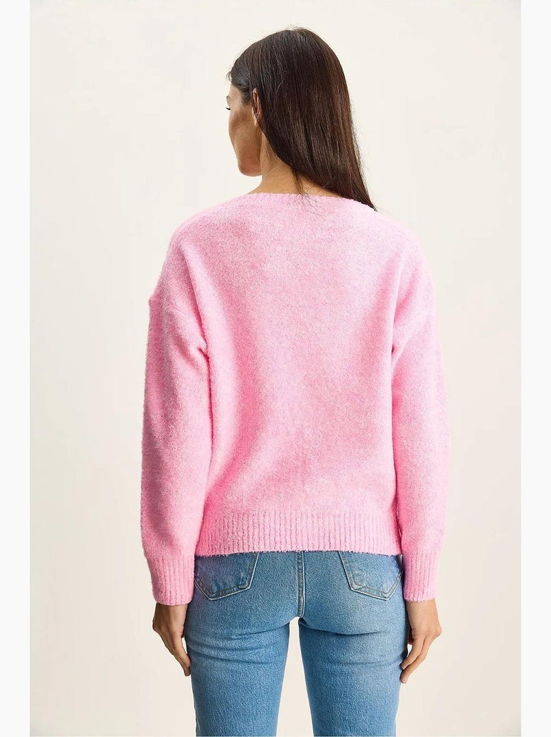 Maglione in maglia testurizzata con scollo a v lucci Rosa fluo/Solinotes - Kiabi