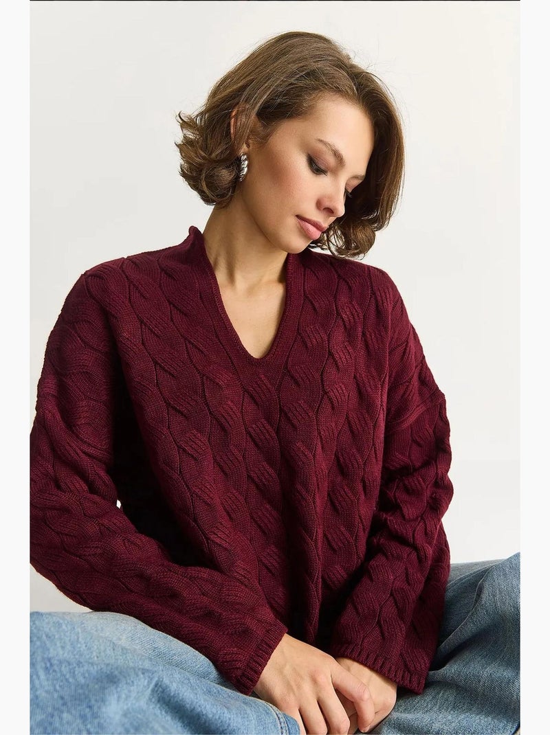 Maglione in maglia testurizzata con scollo a v, relaxed fit lucci Rosso bordeaux - Kiabi