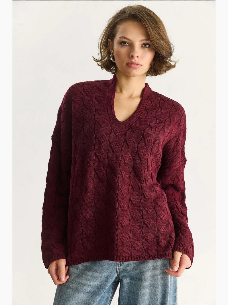 Maglione in maglia testurizzata con scollo a v, relaxed fit lucci Rosso bordeaux - Kiabi
