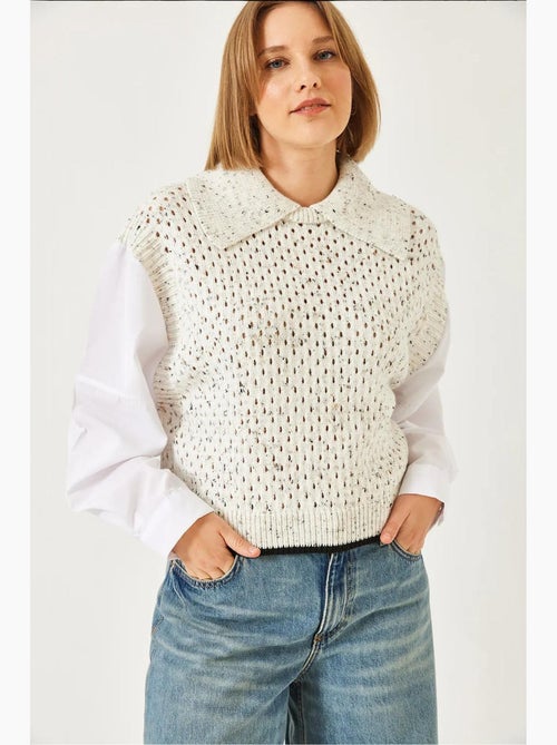 Maglione in maglia traforata con colletto a camicia lucci - Kiabi Maglione in maglia traforata con colletto a camicia lucci - Kiabi
